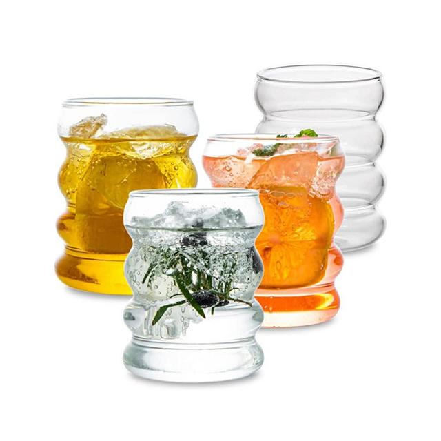 INSETLAN Creative Glass Cups with Lids and Straws-16oz Wave Shape Drinking Glasses of 4 Set, Beer Glasses, Can Shaped Glass Cups, Cute Tumbler Cup