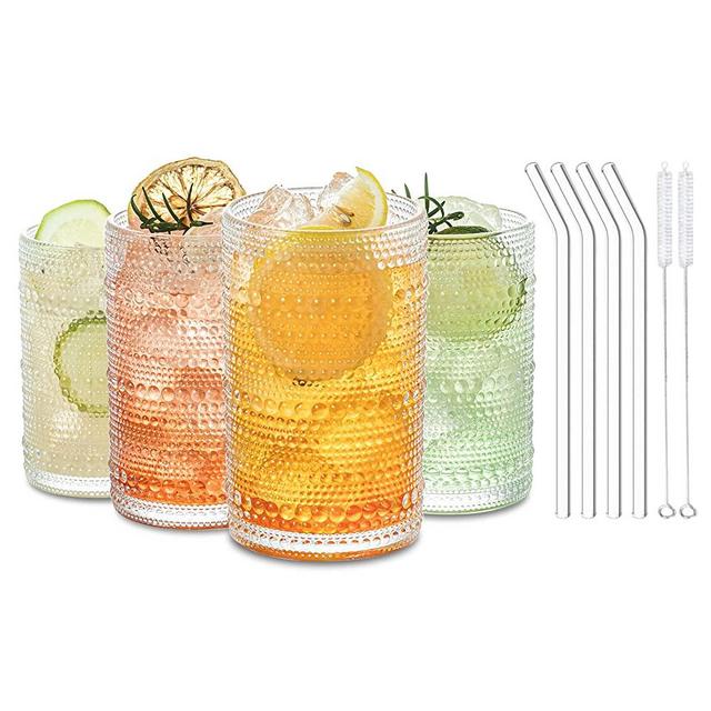 12 oz Cocktail Glasses Hobnail Drinking Glasses Unique Vintage Bubble Cocktails - Set of 4 Old Fashioned Embossed Glassware Cups for Beverage, Water, Wine, Beer, Juice, Mixed Drinkware (high style)