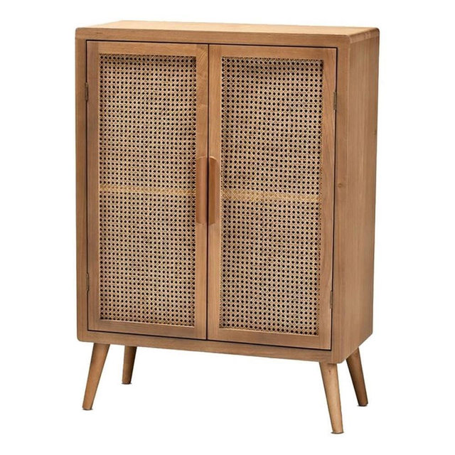 BOWERY HILL Mid-Century 2-Door Wood/Rattan Storage Cabinet in Oak