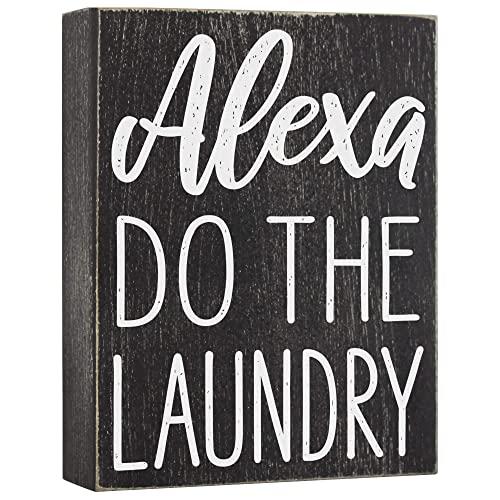 Elegant Signs Alexa Do The Laundry Box Sign - Laundry Room Decor - 6x8 Funny Wooden Farmhouse Decoration for Home