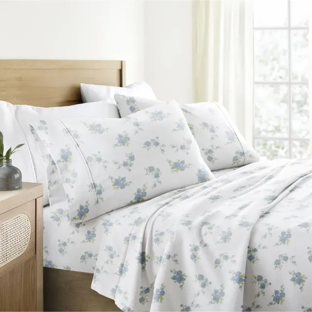 100% Cotton Flannel 4PC Sheet Set Super Soft - Becky Cameron, Rose Bunch Light Blue, Queen