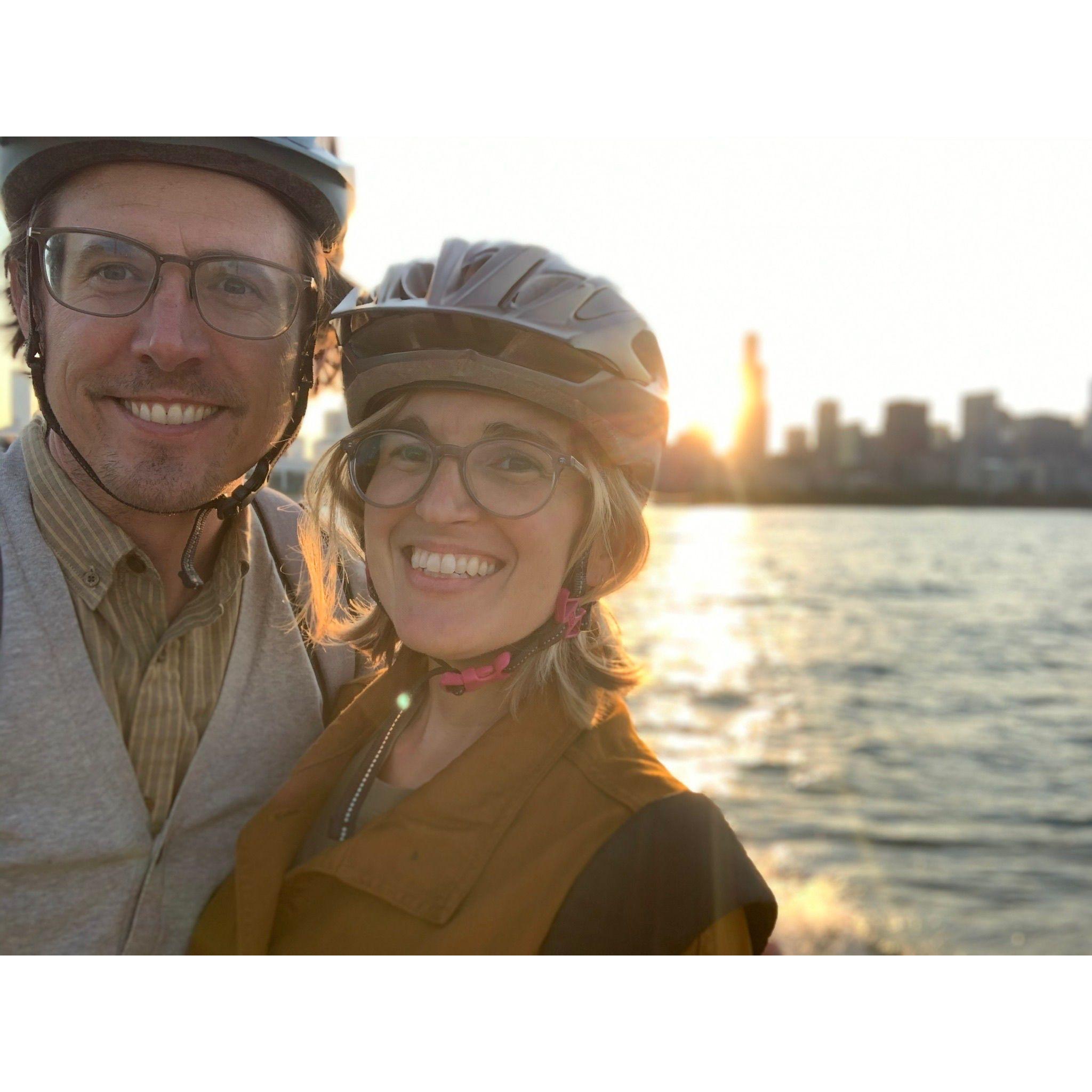 Genevieve and Carl look great in bike helmets, Genevieve in particular.