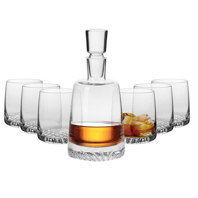 KROSNO Whisky Glass Decanter Set | 1 x 32.1 oz Crystal Carafe & 6 x 10.1 oz Glasses | Fjord Collection | Brandy Glass Alcohol Gift Set | Home, Restaurants and Kitchen Set | Gift Box for a Connoisseur