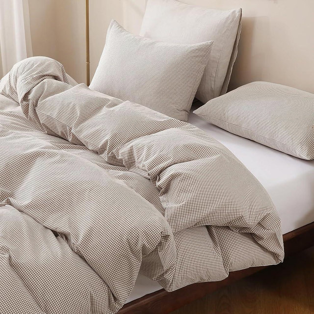 TOCOMOA Mini Gingham Tan Duvet Cover Bedding Set 100% Washed Cotton Like Linen Feel Super Soft Comfy 3 Piece Brown Small Plaid Checkered Comforter Cover Set (King 104"x90", Comforter Not Included)
