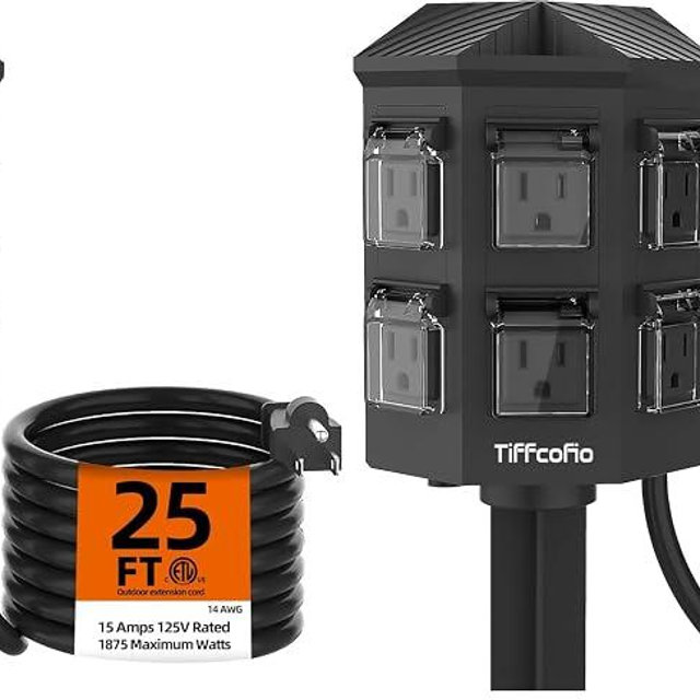 TiFFCOFiO Outdoor Power Strip Weatherproof, 25 FT Extension Cord with Stake, 6 Grounded Outlets for Christmas Yard Decorations and Inflatables, 15A/1875W, ETL Listed (Pack of 2)