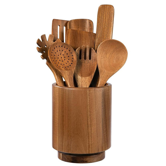 Fyctio Wooden Utensil Holder, 360°Rotating Acacia Wood Kitchen Utensil Holder for Countertop, 7.2" Non-Slip Large Utensil Holder for Kitchen, Farmhouse Countertop Decor, Spatula Holders, Natural
