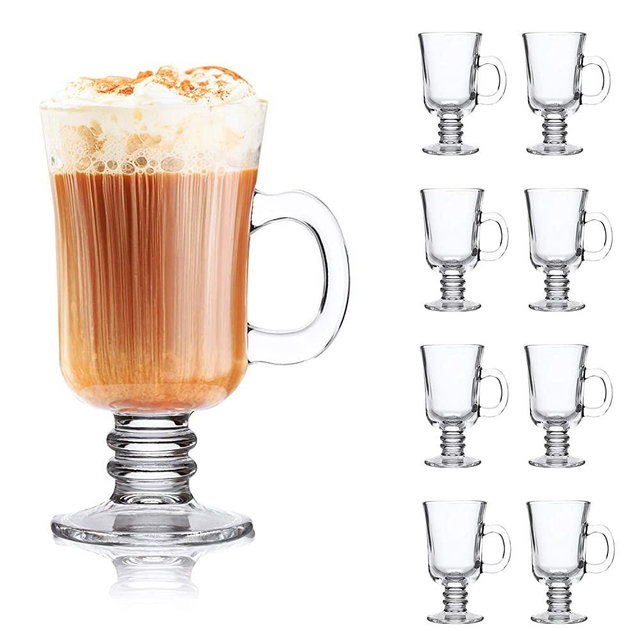 8oz Coffee Mug,QAPPDA Glass Mugs With Handle,Clear Cups With Handle,Glass Cup Tea Cup Drinkware For Beer,Juice,Beverages,High Base Glass Latte Cups Cappuccino Mugs,Irish Coffee Mugs Set of 8 KTZB22…