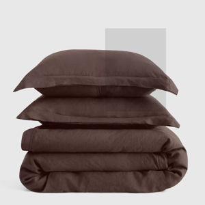 European Linen Double Flange Duvet Cover Set - Espresso, Full/Queen W/ Shams