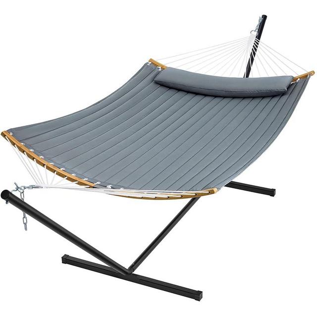 SUPERJARE Hammock with Stand, 2 Person Heavy Duty Hammock with Padded Cotton, Detachable Pillow & Strong Curved-Bar & Portable Carrying Bag, Perfect for Outdoor & Indoor, Neutral Gray