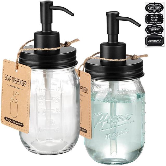 SheeChung 16 Oz Mason Jar Liquid Soap Dispenser, Glass Hand Soap Dispenser, Stainless Steel Pump Lid, Refillable Lotion Dispensers for Bathroom Countertop Kitchen (2, Black)