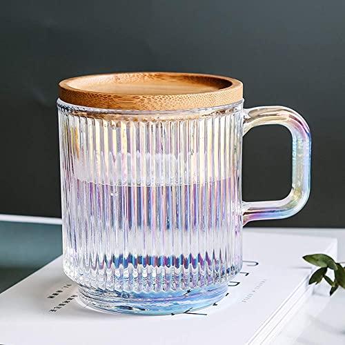 Lysenn Iridescent Glass Coffee Mug with Lid - Premium Classical Vertical Stripes Glass Tea Cup - for |Latte|Tea|Chocolate|Juice|Water| - Unleaded - Bamboo Lid - 12.5 Ounces