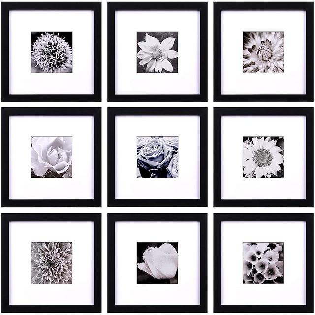 Yaetm 8x8 Picture Frames Black Set of 9, Square Photo Frame Displays 4x4 with Mat or 8x8 without Mat, Gallery Wall Frame Set, Multi Collage Frames for Wall Hanging