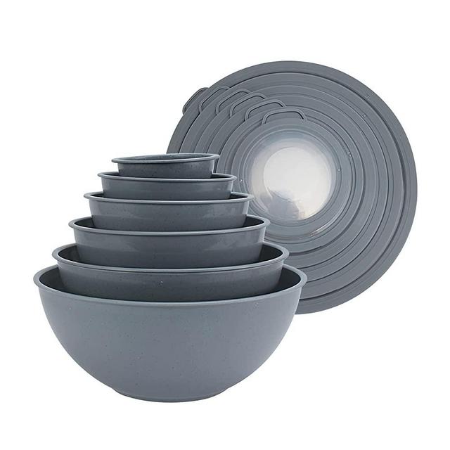 COOK WITH COLOR Mixing Bowls with TPR Lids - 12 Piece Plastic Nesting Bowls Set includes 6 Prep Bowls and 6 Lids, Microwave Safe Mixing Bowl Set (Speckled Charcoal)