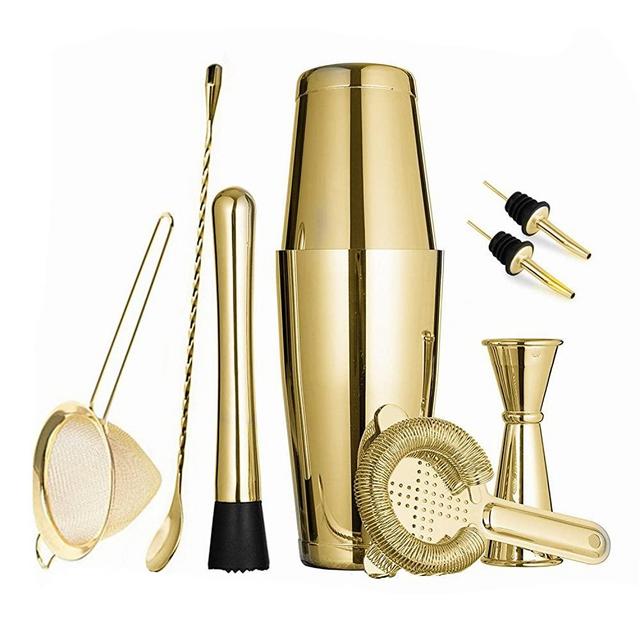 Gold Boston Cocktail Shaker Set for Professional Bartender and Home Bar including 18oz & 28oz Tins Shaker, Strainer, Measuring Jigger, Cocktail Muddle, Mixing Spoon and cocktail pourer (9 piece)