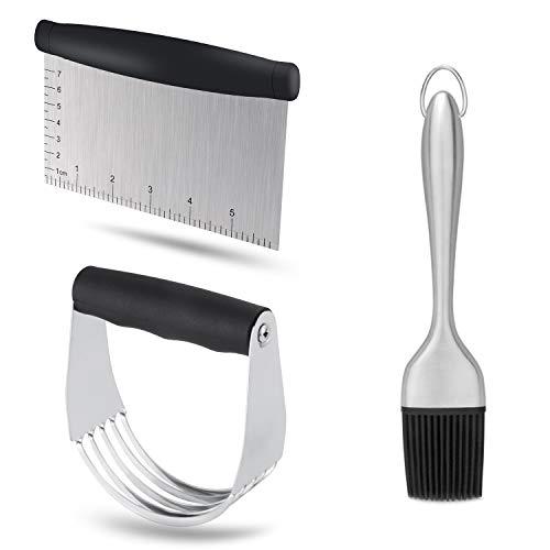 Dough Blender | Stainless Steel Pastry Cutter Set, Pastry Blender + Dough Scraper + Pastry Brush, Professional Dough Cutter/Blender Scraper/Pastry Brush Set for Kitchen Baking Tools