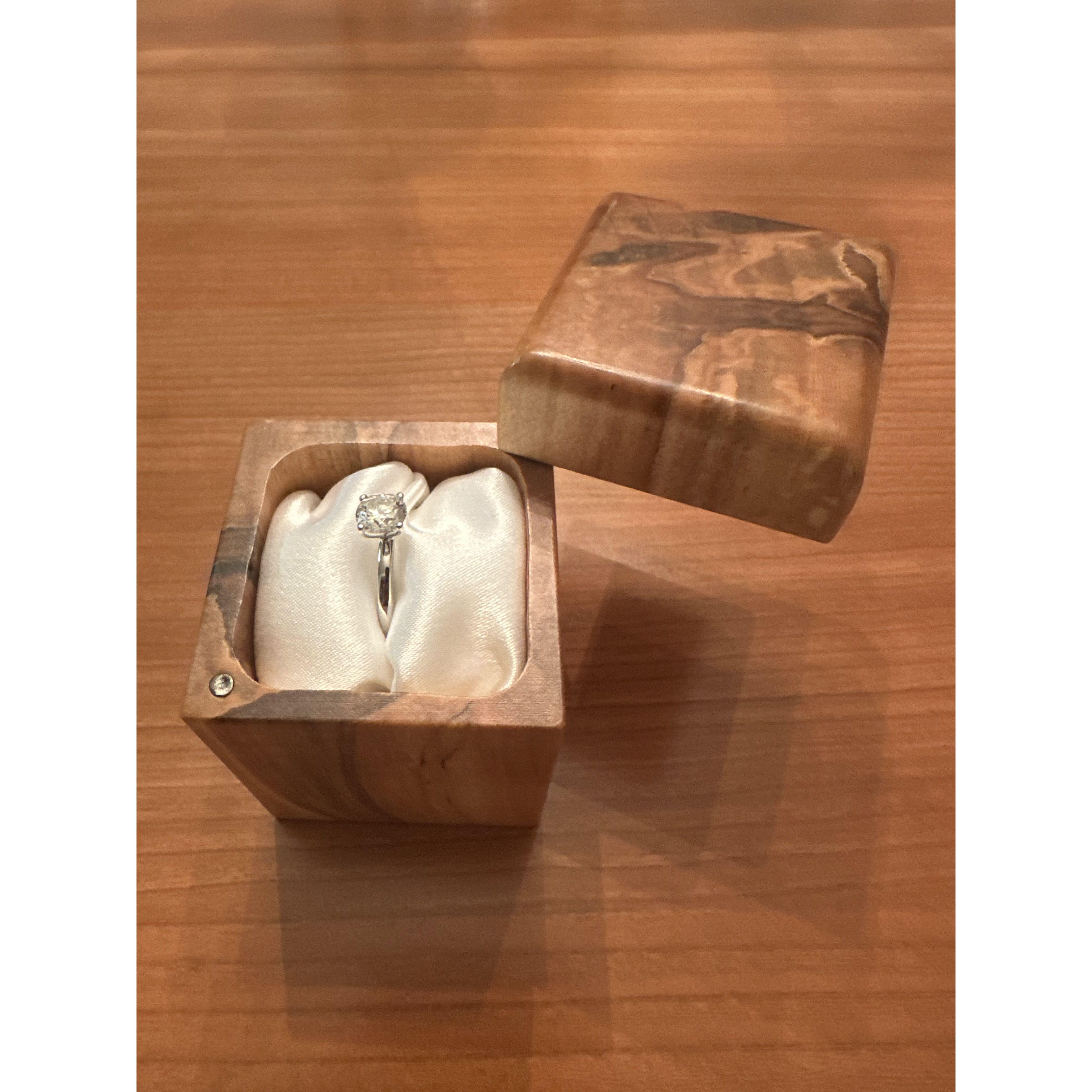 The handmade maple ring box Nick made for Sarah’s engagement ring