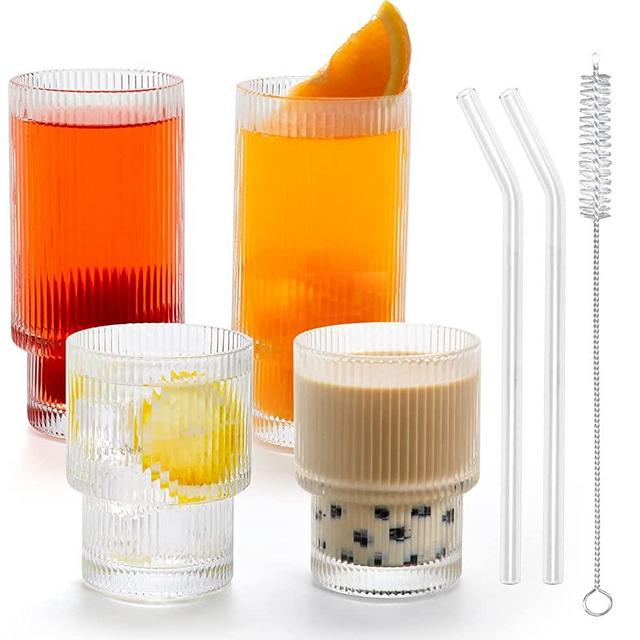 Swetwiny Origami Style Glass Cups Vintage Glassware Set of 4, Ripple Drinking Glasses Unique Kitchen Glassware Set with Glass Straw and Brush, Ideal for Cocktail Coffee Soda Juice Beer (10.5oz+6.7oz)