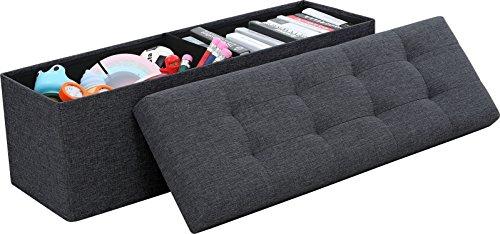 Ornavo Home Foldable Tufted Linen Large Storage Ottoman Bench Foot Rest Stool/Seat - 15" x 45" x 15" (Black)