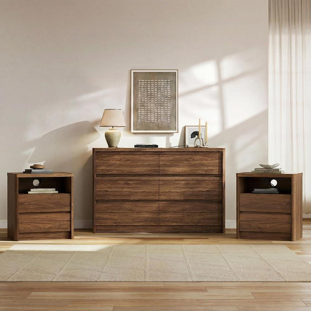 Now Mais 3 Pieces of Dresser and Nightstand Set,47.2 Inch Width 6-Drawer Dresser & 2-Drawer Nightstands Set of 2,Nightstand with USB&Type C Charging Station&Outlets, Modern Design for Bedroom, Walnut