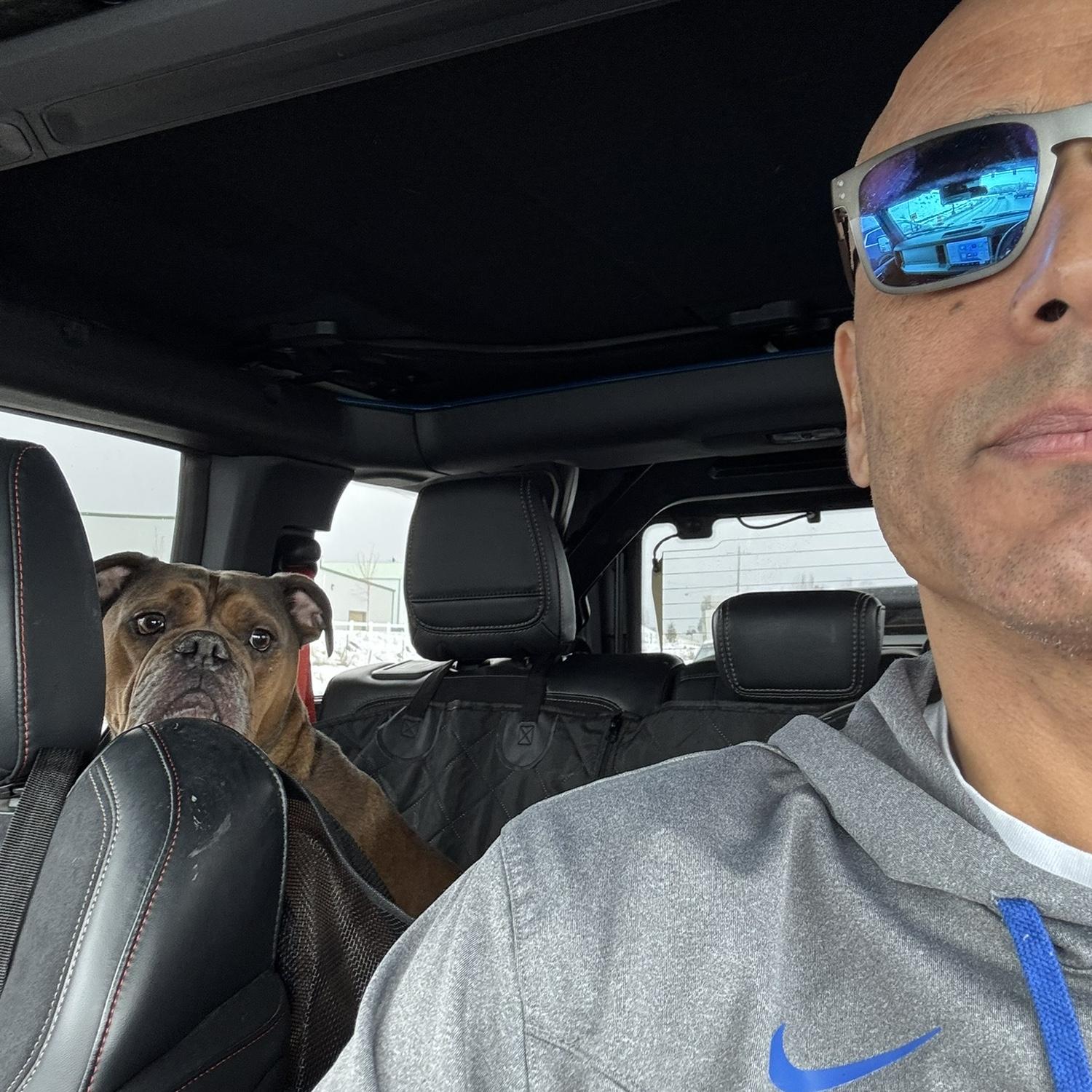 Bernie (human) & Bo during one of our many Boise/Moscow road trips.