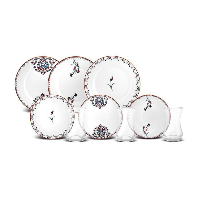 Karaca Nakkas Turkish Teacups & Appetizer Plate Set for 6 People - Colorful Dessert Plates (7.4"), Small Turkish Tea Glasses with Saucers - 18 Piece Glass Tea Cups & Porcelain Dish Set