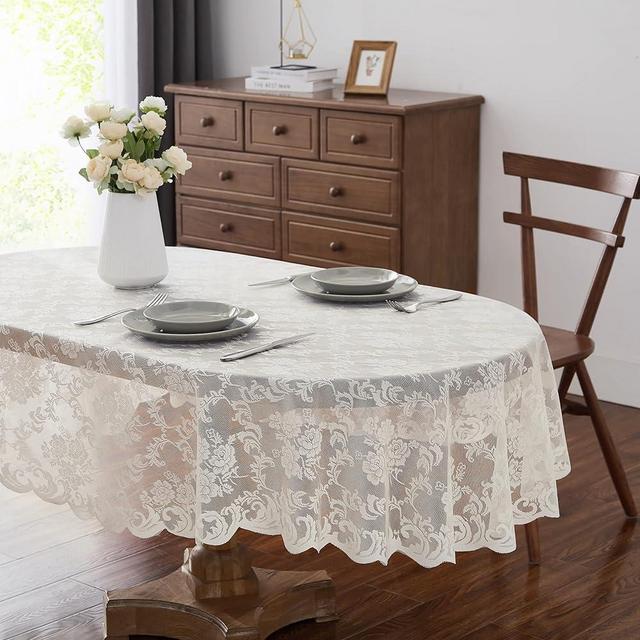 LinenZone Ivory Oval Tablecloth for Rustic Vintage Decor. Sheer Lace Tablecloth Works Great As Wedding Tablecloth, Thanksgiving Tablecloth or Christmas Tablecloth (Mia Oval 84, Ivory)