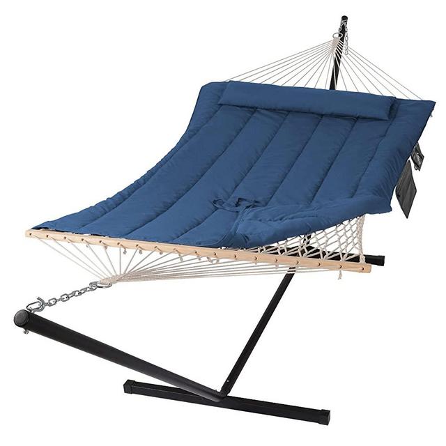 SUNCREAT Double Portable Rope Hammock with Stand Included, Outdoor Two Person Hammock with Polyester Pad, Navy