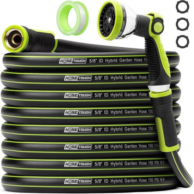 HoseTough Heavy Duty Garden Hose 100ft x 5/8” – Durable Water Hose, Leak-Proof, Lightweight Hybrid Hose with Swivel Handle & 10 Function Spray Nozzle – Flexible Outdoor Hose, Kink Free