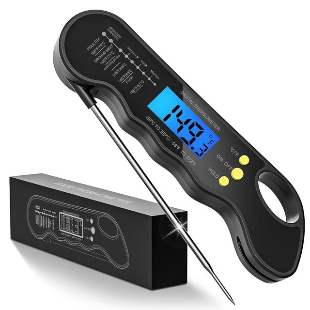 TRAUSI Instant Read Meat Thermometer, Fast & Accurate Digital Food Thermometer with Backlight, Waterproof & Magnet for Grilling, Cooking, BBQ, Baking, Smoker, and Candy Making Black
