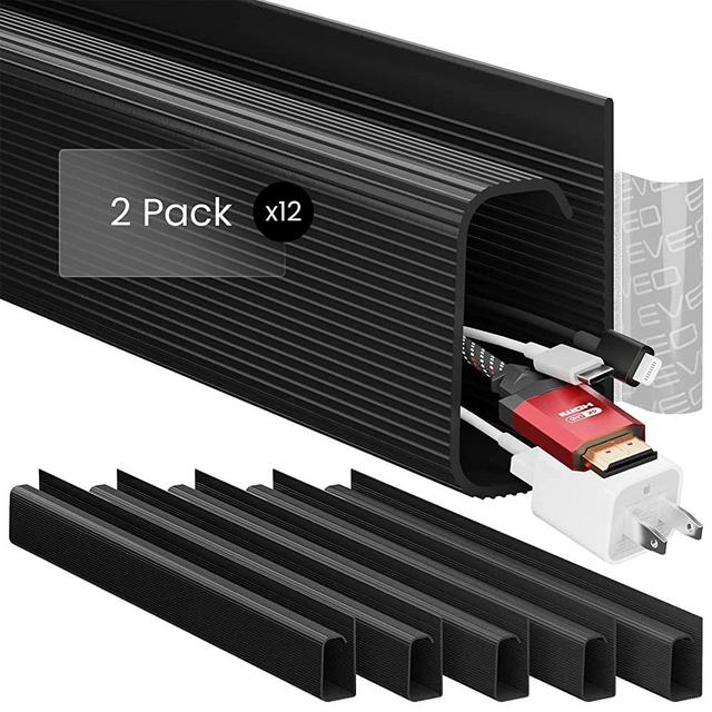 EVEO Cable Management 96'' J Channel-2 Pack Cord Cover- Cable Raceway - Cable Management Under Desk, Adhesive Stripe Built-in 12X16- Desk Organizer Desk Cord Organizer- Cable Management Tray, Black