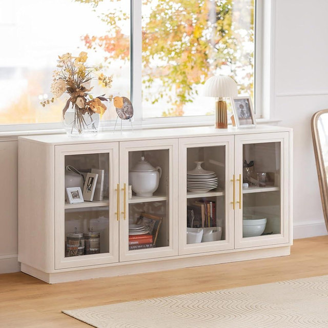 NEWOWNDS Buffet Cabinet with Storage,63" Large Sideboard,Kitchen Storage with 4 Glass Doors, Modern Glass Display Cabinet,Entryway Table for Dining Room,White