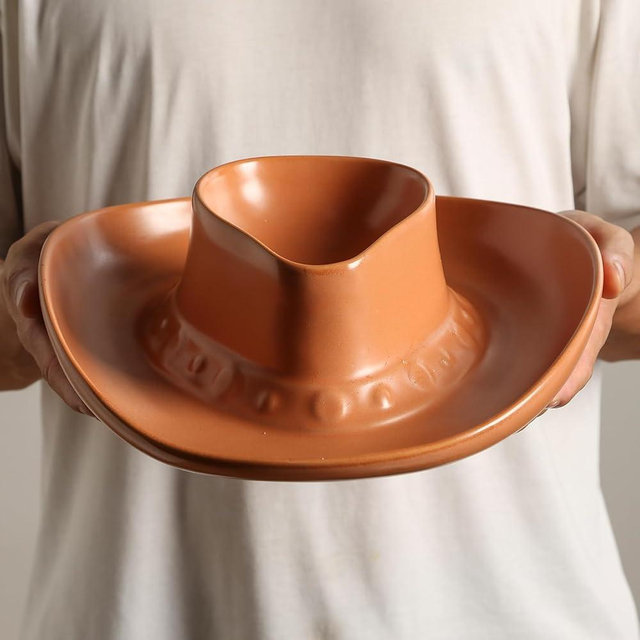 Chip and Dip Serving Set Bowl Cowboy Hat Chips and Salsa Serving Dish Brown.