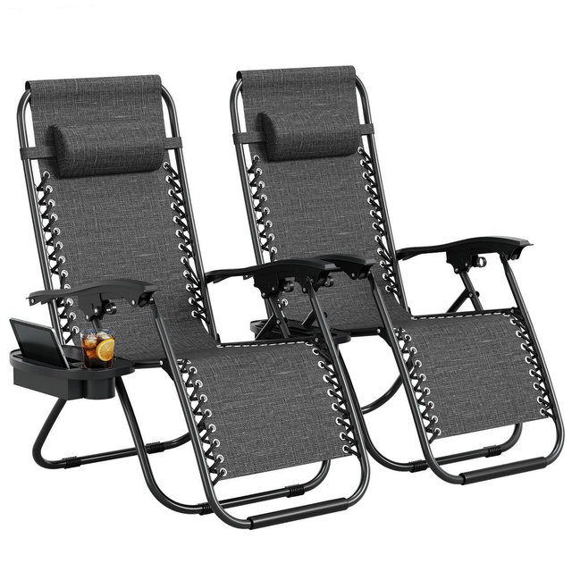 Zero Gravity Chair Set of 2, Outdoor Patio Lounge Chairs with Pillow & Cup Holder Tray, Adjustable Reclining Folding Chairs for Beach, Yard,Grey