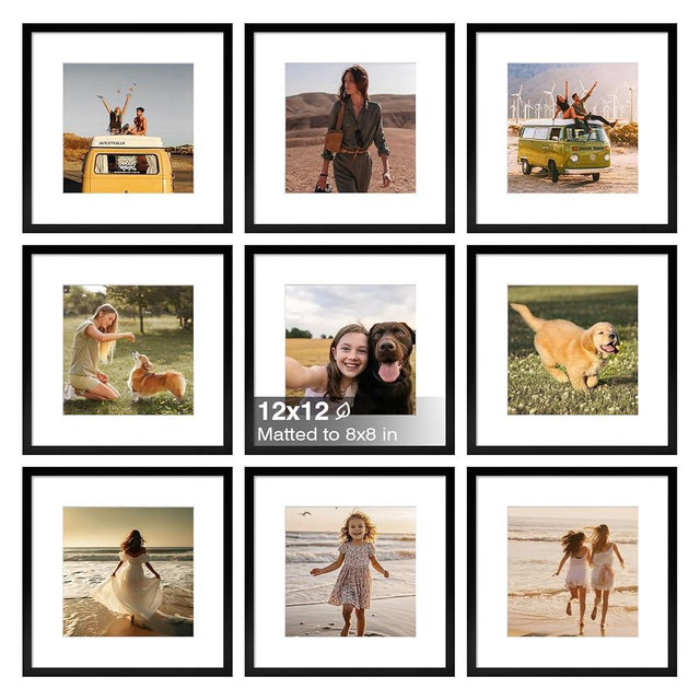 KINLINK 12x12 Frame Set of 9, Wooden 12 by 12 Square Picture Frames with Plexiglass for Picture 8x8 with Mat or 12x12 without Mat Art Collage for Wall Gallery and Tabletop Display, 12 x 12 Frame Black