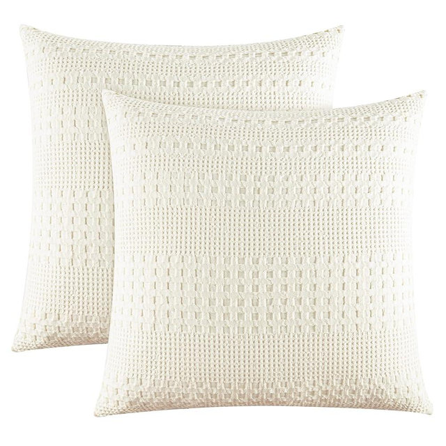 PHF 100% Cotton Waffle Weave Euro Sham Covers, 2 Pack 26" x 26" Pillow Covers for Elegant Home Decorative, No Insert, Decorative Euro Throw Pillow Covers for Bed Couch Sofa, Ivory