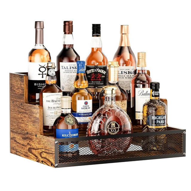 3 Step Countertop Liquor Bottle Display Shelf, Wood Bar Shelves 12 Bottles with Fences, Freestanding Storage Shelves for Liquor Whiskey Wine Coffee Syrup Display, Retro Wine Rack Home (Patent Pending)