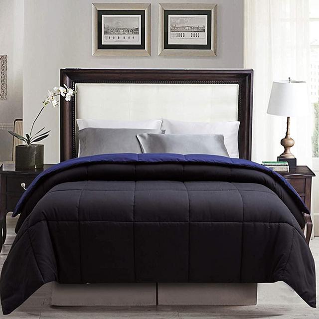 ELNIDO QUEEN All-Season Reversible Down Alternative Quilted Comforter- Corner Duvet Tabs-Machine Washable-Duvet Insert or Stand – Alone Lightweight Comforter- Navy/Black -Queen Size(88×92 Inch)