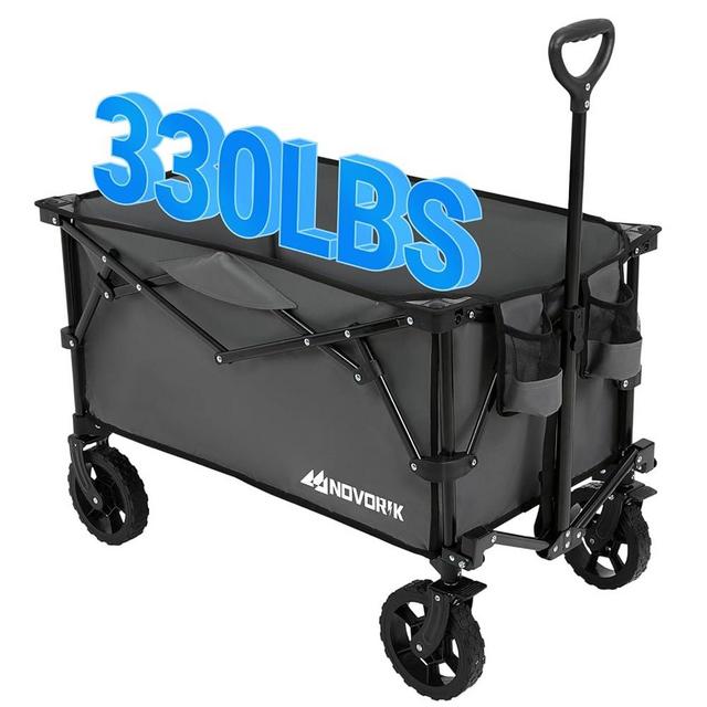 NOVORIK Collapsible Foldable Wagon Gray, Folding Outdoor Utility Wagon 330lbs Weight Capacity, with All Terrain Wheels, Cup Holders, Adjustable Handle, Heavy Duty Cart for Camping, Shopping