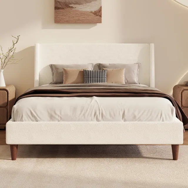 Queen Size Velvet Upholstered Platform Bed Frame with Wingback Headboard and Walnut Wooden Legs, Ivory, No Box Spring Needed-ModernLuxe