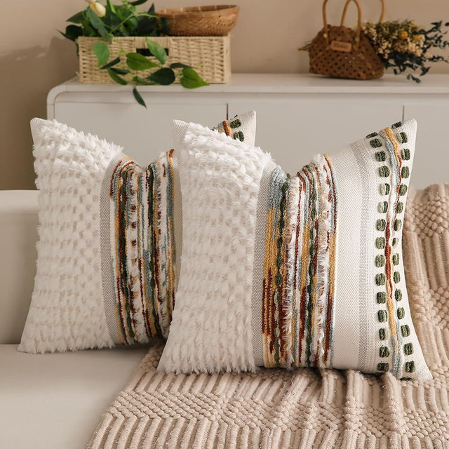 KOOLIFE Boho Chenille Tufted Couch Throw Pillow Covers 18x18 Inch Set of 2 Farmhouse Striped Decorative Pillow Covers Accent Neutral Pillowcase Forest Cushion Cover for Living Room Sofa Bed