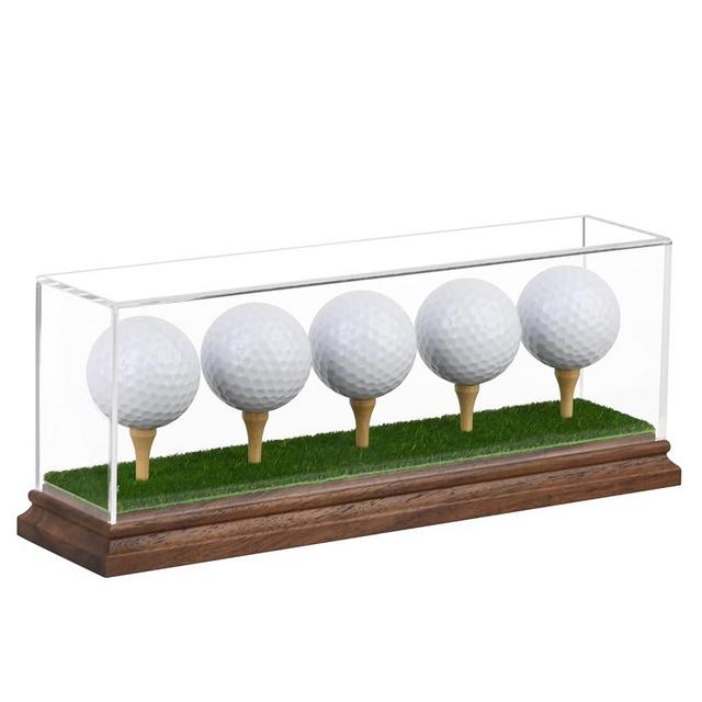 Hole in One Golf Ball Display Case Golf Ball Display Case Holder for 5 Golf Balls Wanult Wood Base Acrylic Golf Ball Holder Stand Lifelike Turf Wood Tee Memorabilia Showcase Cube Box Stand Gift Decor