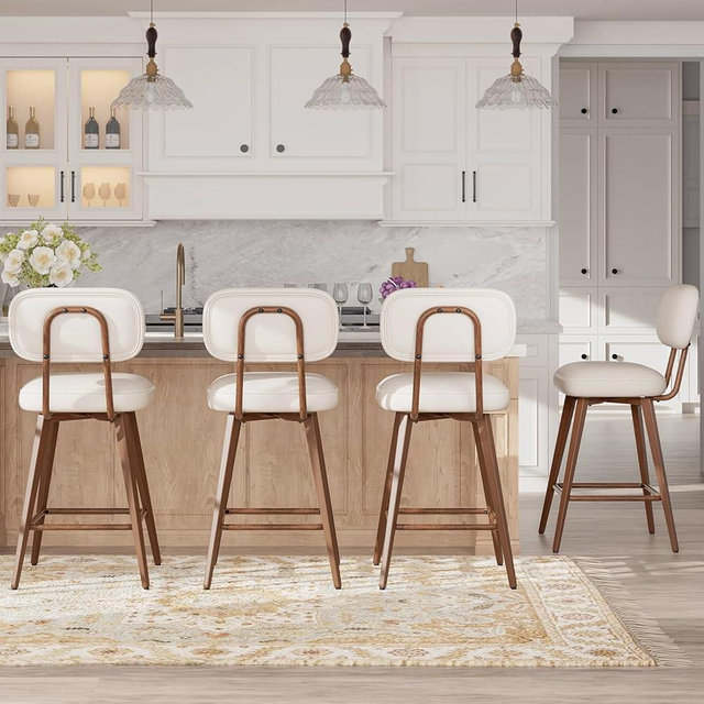 MALOL PU Leather Swivel Bar Stools Set of 4, Mid Century Counter Height Bar Chairs with Low Back and Metal Legs, Modern Bar Stool Chair for Kitchen Island, Beige