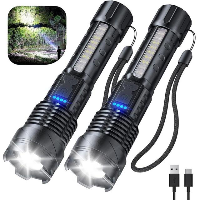 Cinlinso Flashlight High Lumens Rechargeable 2 Pack, 250000 Lumen Super Bright Led Flashlights with 7 Light Modes, IPX6 Waterproof, Zoomable, Powerful Handheld Flash Light for Camping Emergencies