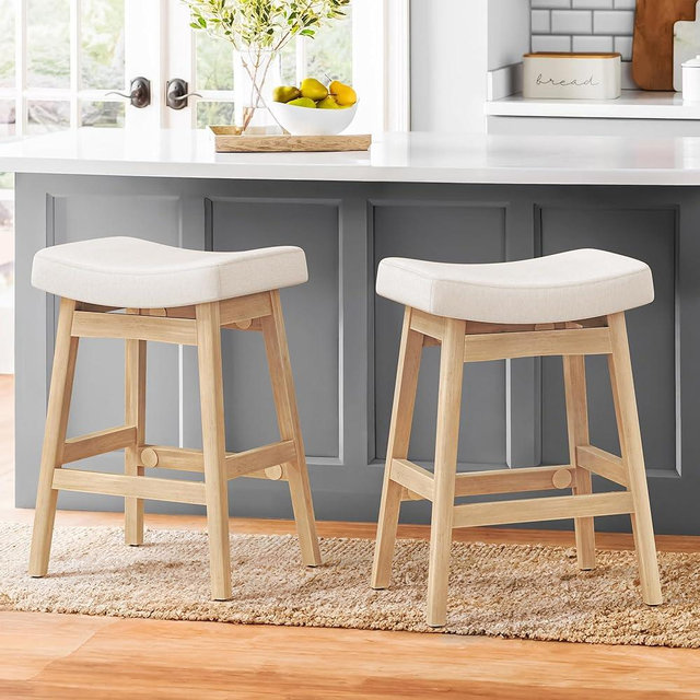 Cozyman Bar Stools Set of 2, Barstools with Sturdy Wood Legs, Saddle Seat Counter Height Bar Stools for Kitchen Counter, Bar, Dining, 24 Inch Farmhouse Counter Stools, Beige Fabric