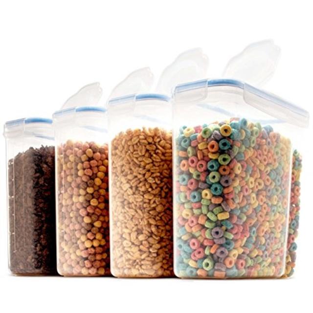 set of 4 large cereal & dry food storage containers bpa-free plastic container airtight lid suitable for cereal, flour, sugar, coffee, rice, nuts, snacks, pet food & more (4l, 16.9 cup, 135.5 ounce)