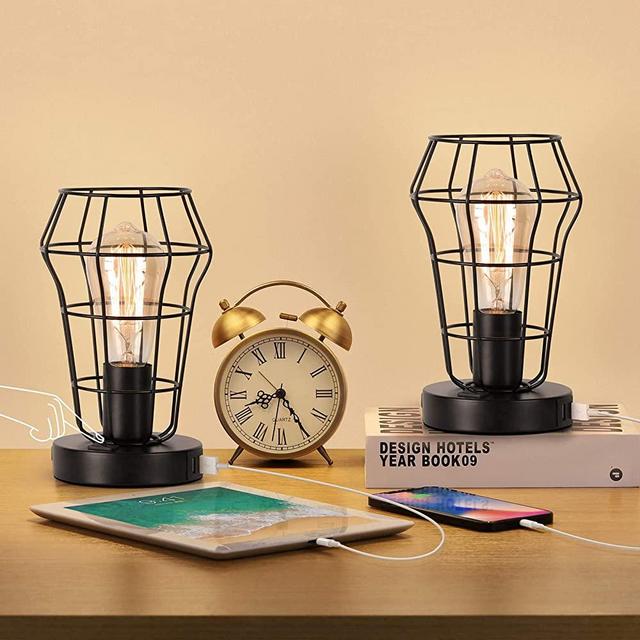 USB Table Lamp Set of 2 Small Vintage Desk Lamp with 1 AC Outlet and Dual USB Charging Ports, Edison Nightstand Lamp with Rocker Switch for Home Lighting Decor - Bulb Not Included