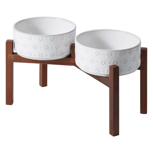 Havniva Ceramic 8.2inch Raised Double-Bowl Set with Acacia Wooden Stand, Food & Water Bowls for Large Breed Dogs, Weighted Dog Dishes, Pet Bowl (60 oz)