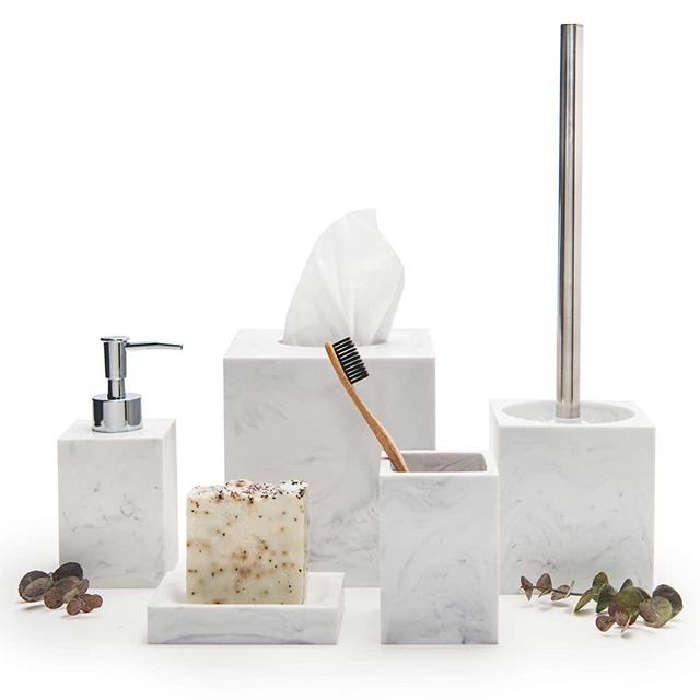 Kurrajong Farmhouse Elegant 5 Piece Bathroom Accessories Set, Marble Bathroom Decor. The Bathroom Set has - Tissue Box Cover, Toilet Brush, Toothbrush Holder, soap Dish, soap Dispenser.