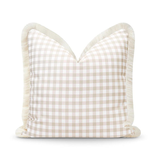 Hofdeco Premium Fall Coastal Patio Indoor Outdoor Pillow Cover Only, 20"x20" Water Repellent for Backyard, Couch, Neutral Tan Gingham Fringe