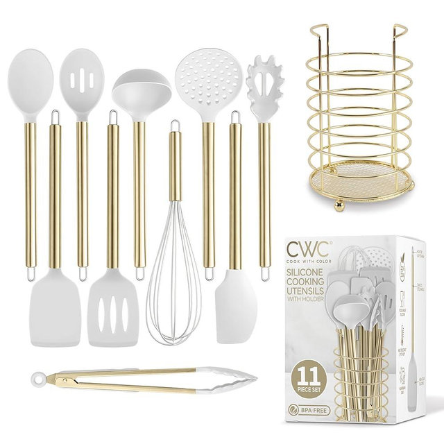 COOK WITH COLOR Silicone Cooking Utensils, Kitchen Utensil Set, Easy to Clean Silicone Kitchen Utensils, Cooking Utensils for Nonstick Cookware, Kitchen Gadgets Set with Holder, 10 Pieces